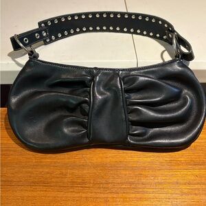 Vintage Y2K Black Leather Studded Shoulder Bag with Neon Lining